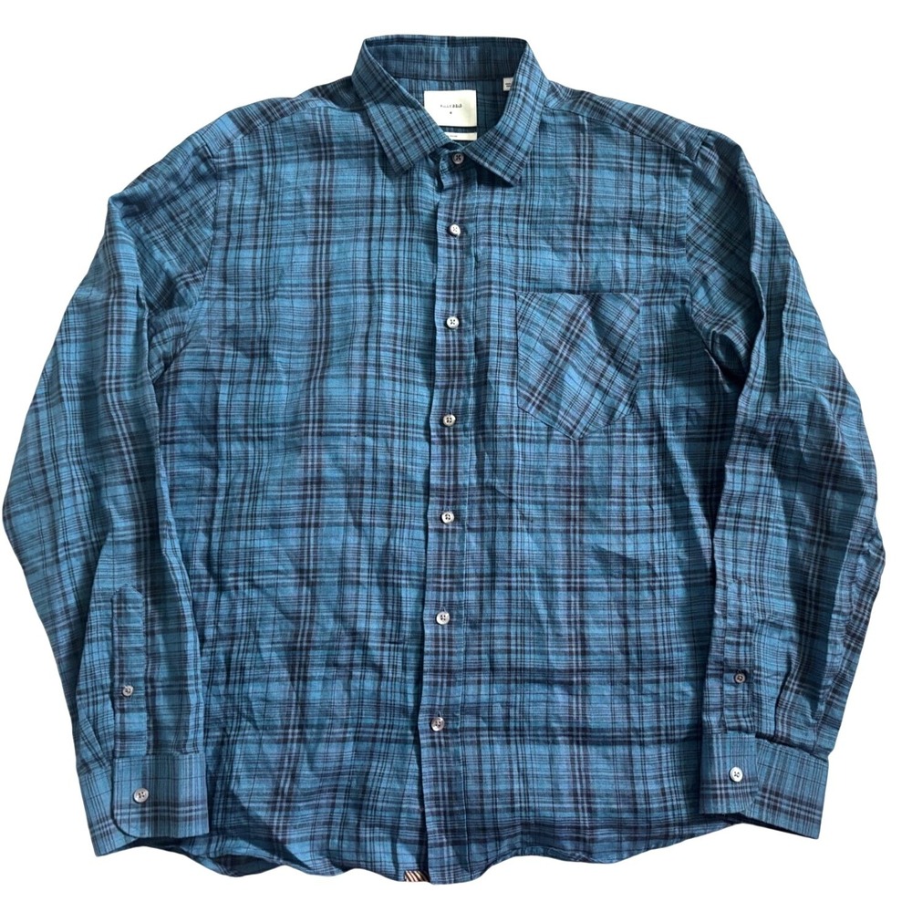 Billy Reid 100% Linen Button Up Long Sleeve Shirt Men M Blue Plaid Standard Fit